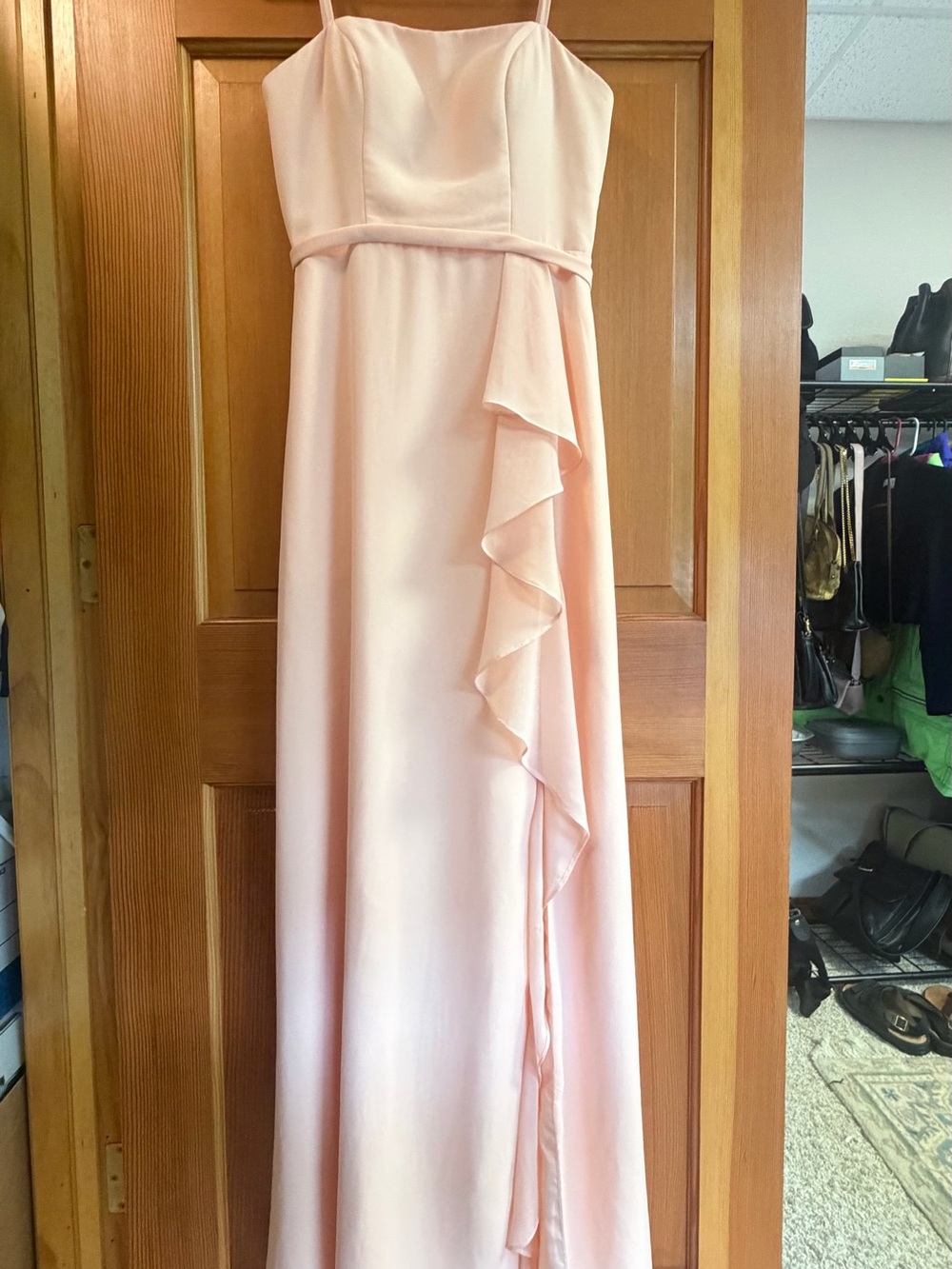 Azazie A2 Blushing Pink Chiffon Bridesmaid Maxi Dress Cascading Ruffle